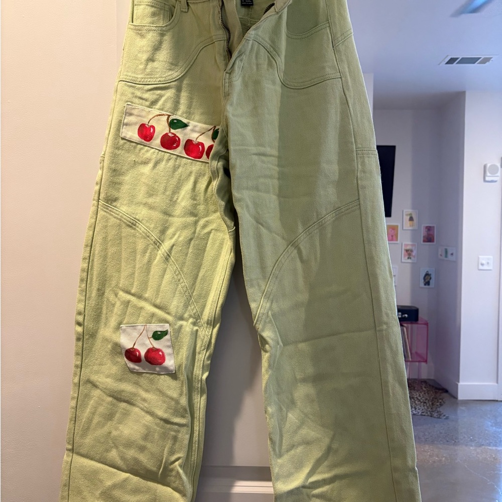 Forever 21 Green Flare Jeans with Cherry Patches